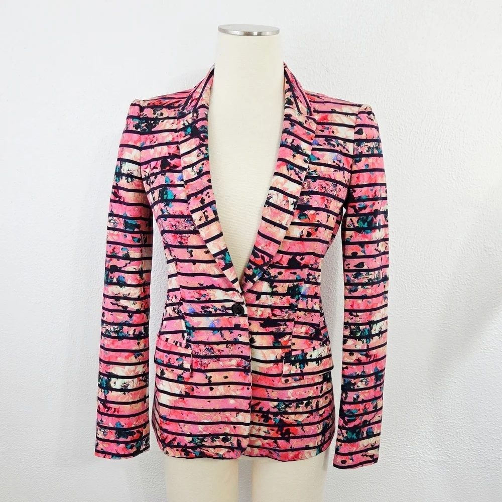 Banana Republic Bella Floral Stripe Blazer Jacket Pink Black Woven Size 2